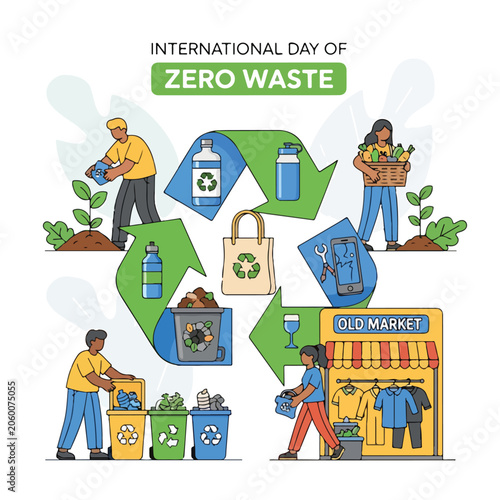 A colorful illustration promoting zero waste with people and recycling