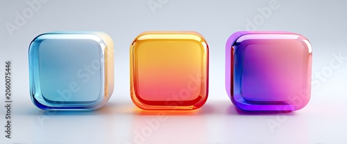 Three translucent cubes with gradient colors arranged in a row on a light gray background.