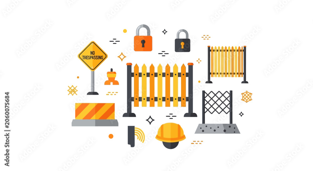Fototapeta premium Flat Vector Security and Construction Safety Equipment Icons: Fences, Padlocks, Barrier, and Protective Gear