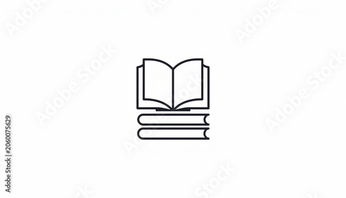 Minimalist line art icon of a stack of books with an open page.