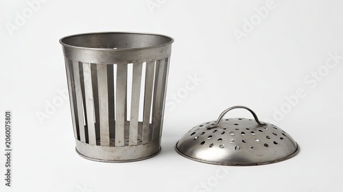 Vintage Metal Waste Bin with Perforated Lid on White Background.