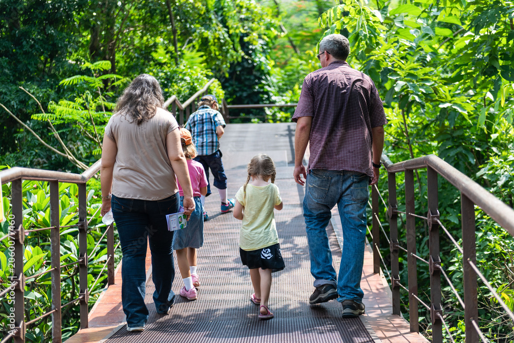 Fototapeta premium Family exploring lush green walkway.