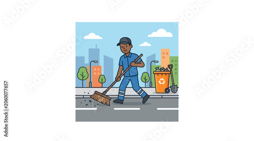Sanitation worker operating motorized street sweeper in urban environment