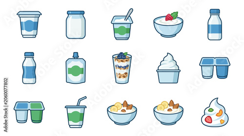 Set of flat design dairy products and fresh fruits with beverage icons