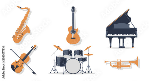 Set of flat design musical instruments including saxophone guitar piano violin drums and trumpet