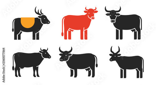 Set of six minimalist vector illustrations of black and red bulls with simple geometric shapes
