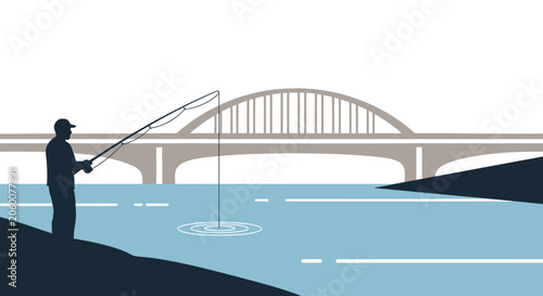 Silhouette of a fisherman casting a line by a river with a large arch bridge