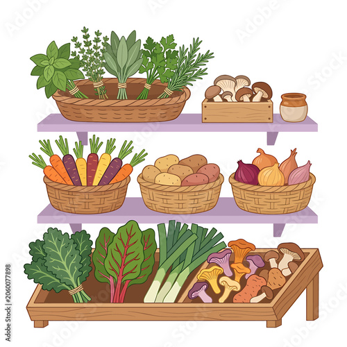 Fresh vegetables and fruits on shelves.