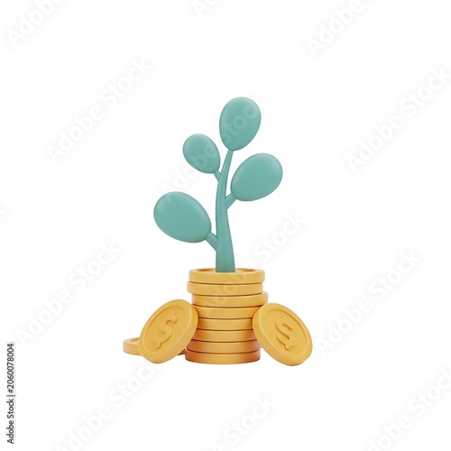 3D Illustration of Growing Plant on Stacked Coins with Falling Money