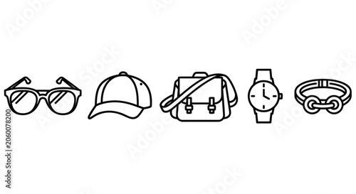 Simple black line icons of personal accessories and fashion items for digital interface design