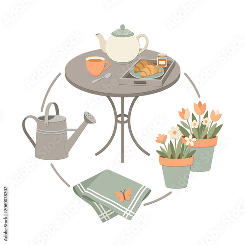 Garden table with tea and flowers.