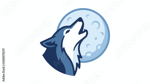 Stylized wolf howling at a blue moon logo on a white background with vector art illustration