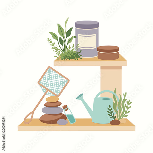 Garden tools and plant care items.