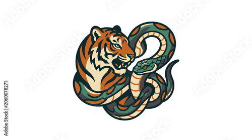 Tiger and cobra snake in dynamic coiled embrace on white background