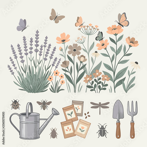 Gardening tools and flowers with insects.