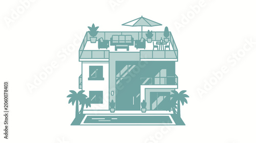 Tropical resort house illustration with rooftop terrace and swimming pool