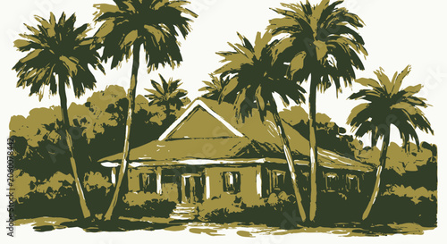 Tropical house with palm trees and lush vegetation illustration