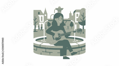 Urban street musician playing guitar in a public square with fountain