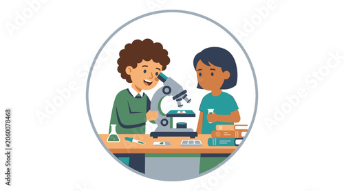 Two young students conducting a microscope experiment in a classroom science lab