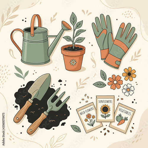 Gardening tools and plant care items.