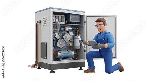 Mechanic inspecting industrial machinery with digital tablet.