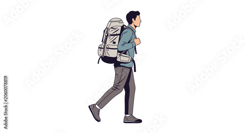 Young male hiker with large backpack walking across white background