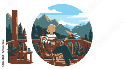 Woman relaxing on a wooden balcony chair with a laptop overlooking a mountain landscape