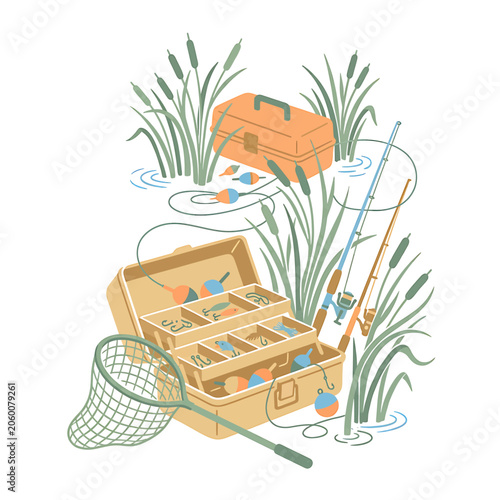 Fishing gear and tackle box outdoors.
