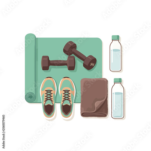 Fitness equipment and workout accessories laid out.