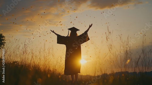 Graduating student celebrates success while standing in a grassy field during a golden sunset.