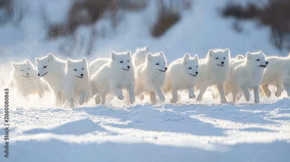 Obraz premium Group of white arctic foxes run through deep snow on a bright winter day.