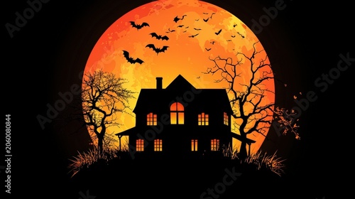 Silhouettes of a haunted house and flying bats stand out against a giant orange full moon.