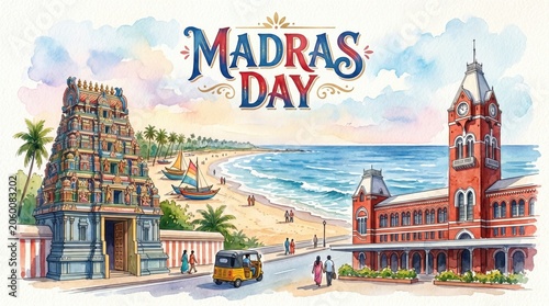 Colorful Madras Day Celebration Illustration with Coastal Cityscape and Historic Architecture
