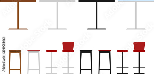 Bar table and stool vector flat icons set with colorful cafe furniture interior design elements