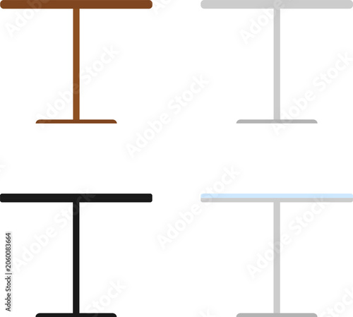 Round bar table vector flat icons set with brown wooden black and metal single leg