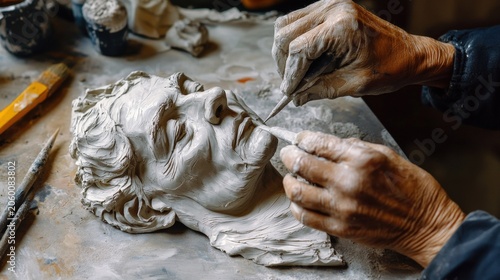 Skilled sculptor uses a modeling tool to carefully detail the face of a clay sculpture.