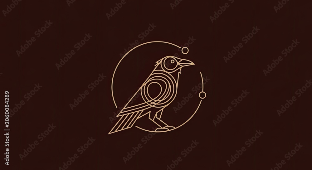 Obraz premium Gold line art raven logo on dark background.