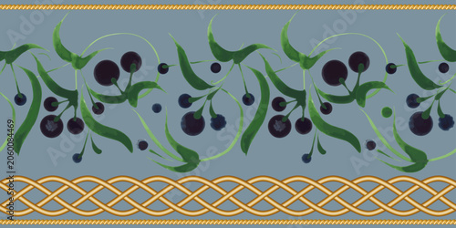 Vector floral seamless border pattern from blueberry plants and golden braided frieze on a blue background 