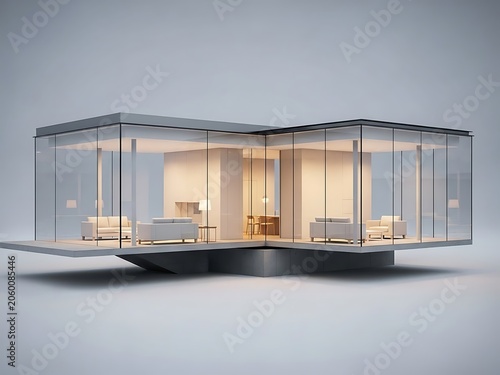 Modern Minimalist Glass House Architectural Model with Warm Interior Lighting