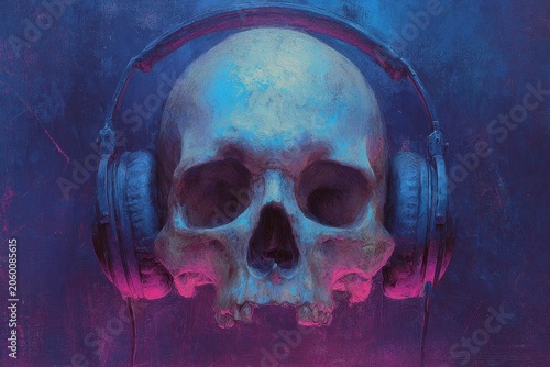 Dark skull design with colorful headphone scene and electric lighting