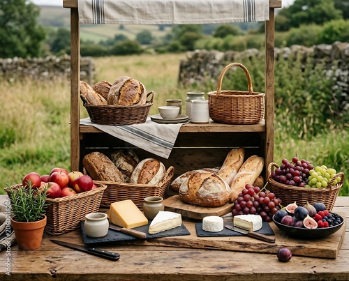 Rustic outdoor picnic display with artisan bread cheese grapes and apples