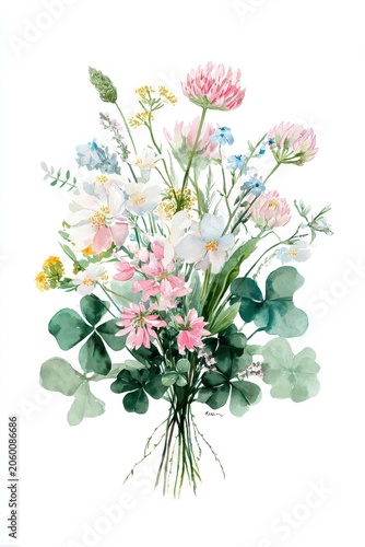 Delicate watercolor floral study: clover accents, soft greens and pastels in a centered bouquet