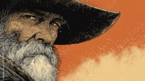 Desert-dusted cowboy portrait in ink-and-watercolor illustration with retro western mood