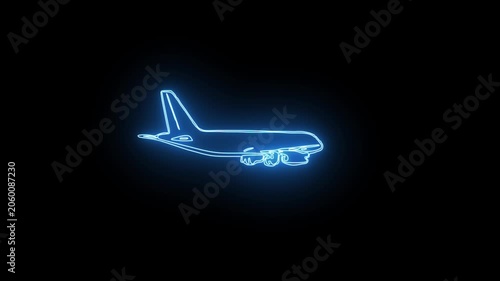 Spinning 3d airplane with glowing blue neon light effect on plain black background