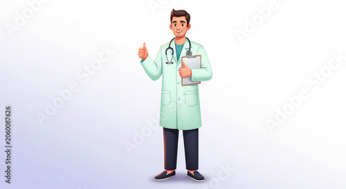 Smiling doctor giving thumbs up with clipboard