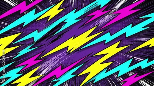 Lightning bolts streak across a dark purple background in vibrant neon colors.
