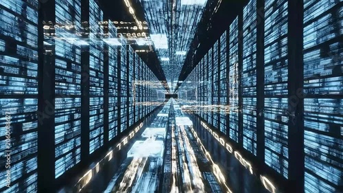 Data center server rows stretch into a vast digital tunnel of blue light.