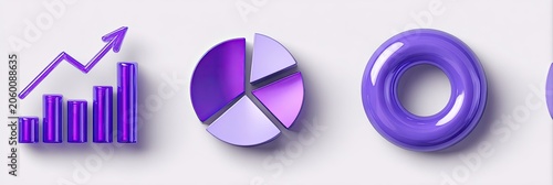 Purple 3D Icons Representing Business Growth and Data Analysis.