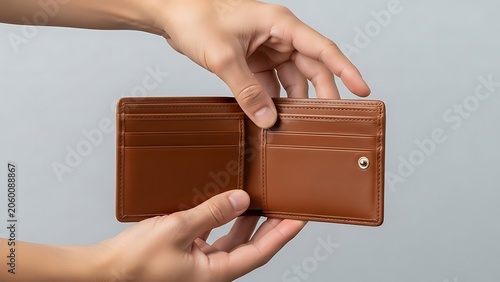 Hands holding an empty brown leather wallet showing no money