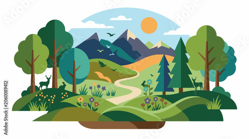 A serene landscape with rolling hills, trees, and a winding path leading to mountains